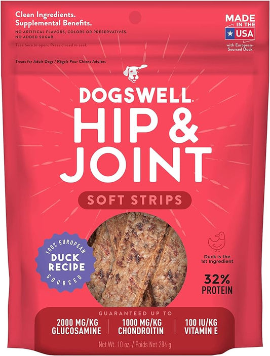 DOGSWELL Hip & Joint Dog Treats 100% Meaty, Grain Free, Glucosamine Chondroitin & Omega 3, Duck Soft Strips 10 oz