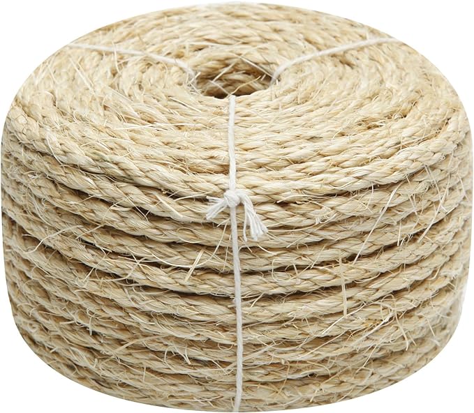 Cat Natural Sisal Rope 1/4 Inch 6mm 164-Feet for Cat Scratching Post Tree Tower Replacement Repair and Replace, DIY Hemp Twine Rope for Cat Scratching Furniture Window Perch and Crafts Gardening