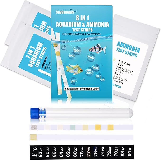 8 in 1 Ammonia Test Kit for Aquarium, Aquarium Test Strips, Fish Tank Test Strips, Aquarium Ammonia Test Strips for Aquarium 150 Counts for Freshwater Saltwater, Testing Ammonia and 7 More