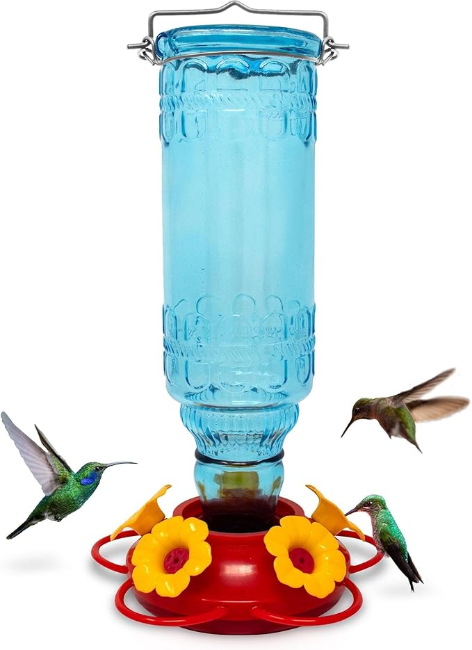 Superior Effect Hummingbird Feeder for Outdoors Patio Wild Bird Feeder with 5 Feeding Ports for Birds Antique Glass Feeder Garden Backyard Decorative, Blue Color Easy Setup Bird Feeder