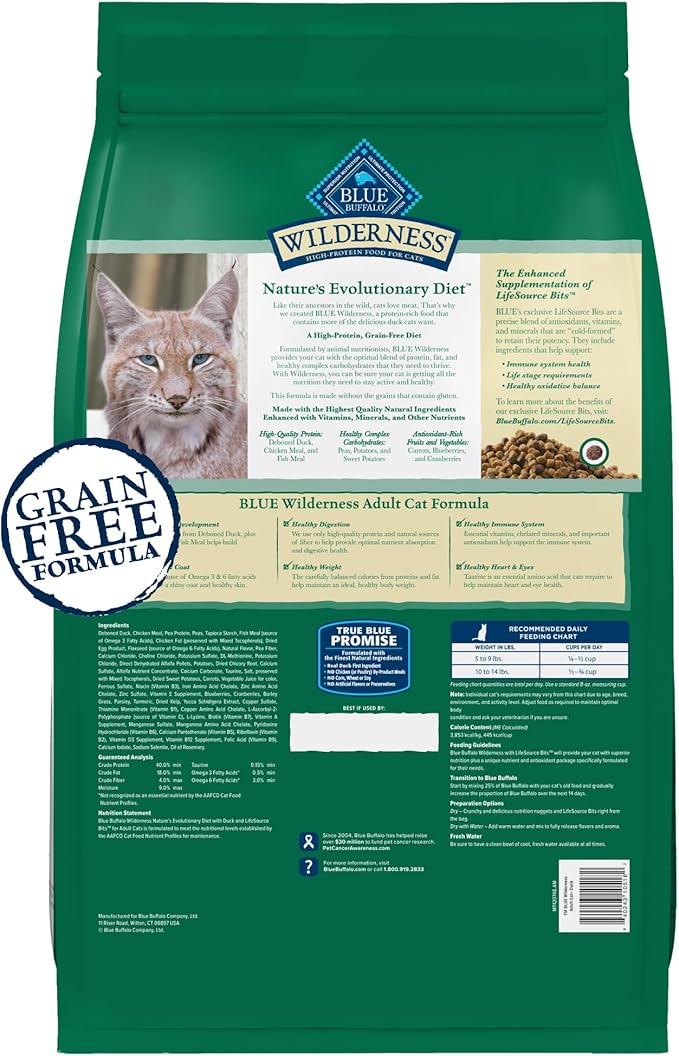 Blue Buffalo Wilderness Healthy Adult Dry Cat Food, Supports Health and Wellness, High-Protein & Grain-Free, Duck, 11-lb. Bag