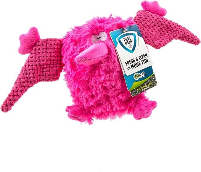 goDog PlayClean Pterodactyl Squeaky Plush Dog Toy with Odor-Eliminating Essential Oils, Chew Guard Technology - Pink, Large