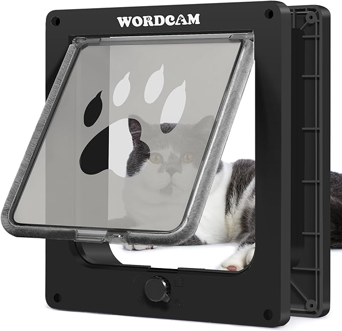 Wordcam X-Large Cat Door, Strong Cat Door for Interior Exterior Doors, 4 Way Locking Pet Door for Cats Up to 25lbs, Cat Flap for Kitten Doggies, Easy Installation, Weatherproof (Black)