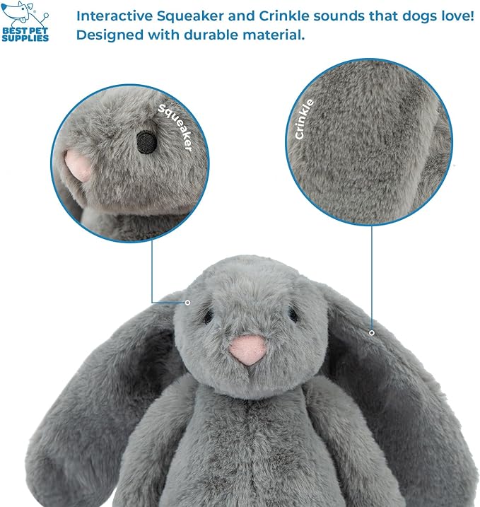 Best Pet Supplies Interactive Bunny Buddy Dog Toy with Crinkle and Squeaky Enrichment for Small and Medium Breed Puppies or Dogs, Cute and Plush - Bunny (Gray)