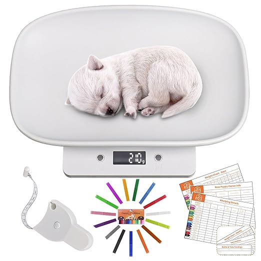 Digital Small Animals Scales for Weighing with Tape Measure, Puppy Whelping Scale Weigh Your Kitten, Rabbit with High Precision, Inclue 15 Color Newborn Puppy Collars and 6 Record Keeping Charts