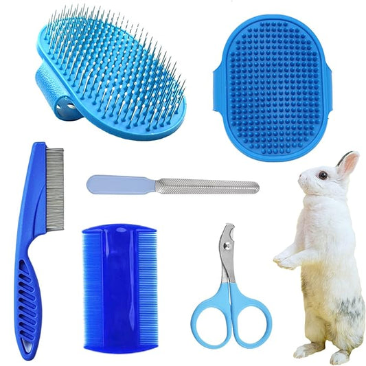 6Pcs Rabbit Grooming Kit Included Rabbit Grooming Brush, Pet Hair Remover, Pet Shampoo Bath Brush, Double-Sided Pet Comb，Pet Nail Clipper and Trimmer for Rabbit Hamster Bunny and Guinea Pig, Blue