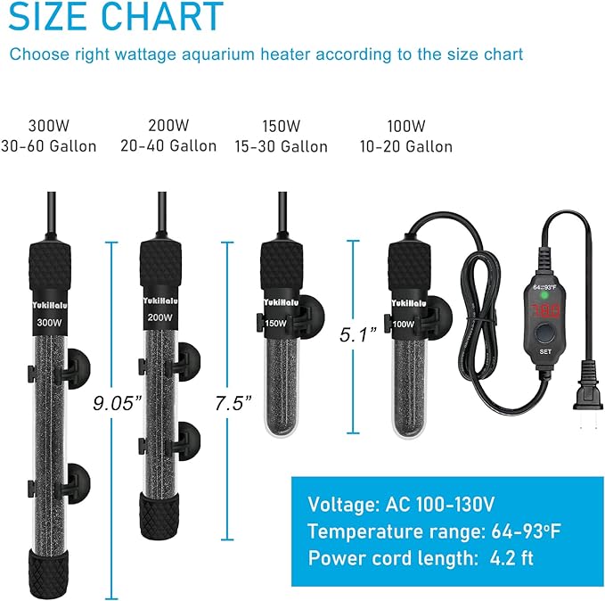 YukiHalu Submersible Aquarium Heater 100W 150W 200W, Adjustable Mini Fish Tank Heater, Small Size, Overheating Protection, External Controller, Used for 0.5-40 Gallons(200W)