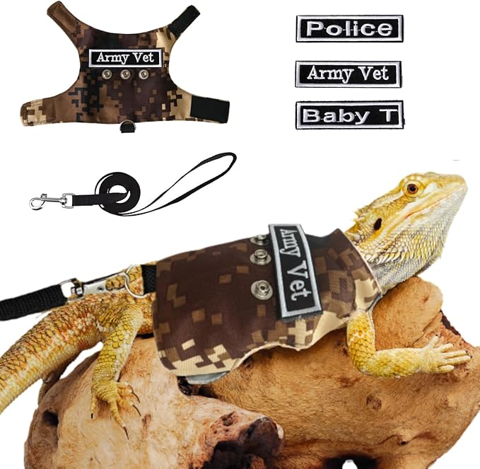 Bearded Dragon Harness and Leash Set - Adjustable Lizard Harness with Replaceable Patch Outdoor Traction Rope Walking Training Leash Reptile Halloween Costume Accessories for Small Pets (Brown)