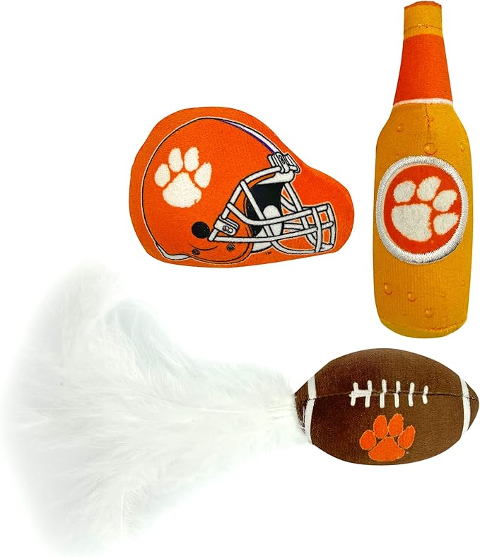 BEST PLUSH CAT TOY - NCAA CLEMSON TIGERS Complete Set of 3 piece Cat Toys filled with Fresh Catnip. Includes: 1 Helmet Cat Toy, 1 Football Cat Toy with Feathers & 1 Beer Bottle. Beautiful Team LOGOS