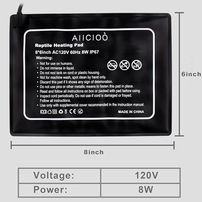 Aiicioo Reptile Heating Pad - 8W Under Tank Heater Terrarium Heating Mat Waterproof for Gecko Turtle Lizard Frog 6" X 8"