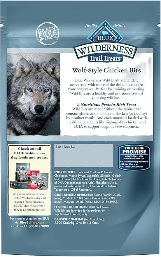 Blue Buffalo Wilderness Trail Treats Wild Bits High Protein Grain Free Soft-Moist Training Dog Treats, Chicken Recipe 4-oz Bag (Pack of 2)