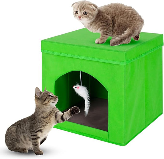 ShellKingdom Collapsible Cat House, Foldable Kitty Cat Cube and Cat Cave with Bed, Cat Stool Condo for Indoor Cats Gifts, 13 x 13 x 13 inches