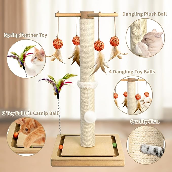 Cat Scratching Post, Sisal Scratching Posts for Indoor Cats Adults with Hanging Ball and Interactive Toys, 2 Mounting Methods Cat Scratcher for Kitten Cats, 25 inches