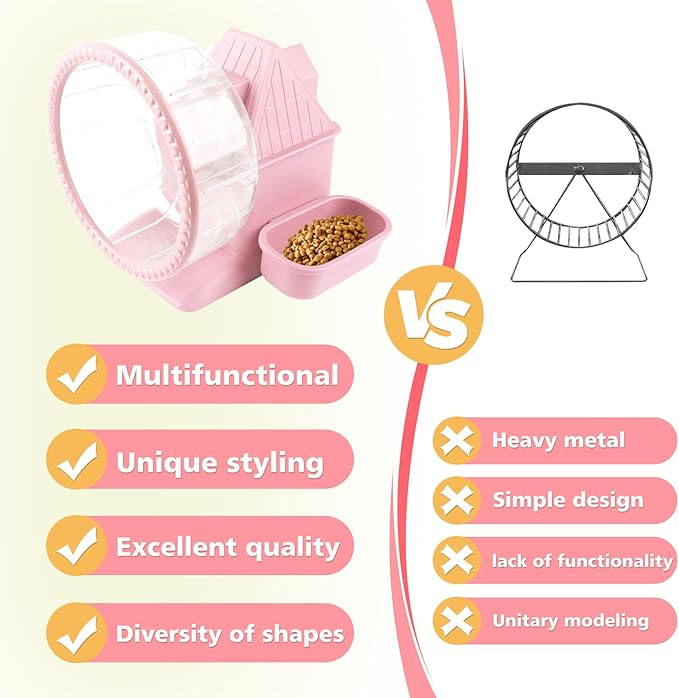 Silent Hamster Wheel Multifunctional Hamster Wheel Quite Running Spinner Wheel Accessories with Food Bowl Water Bottle for Hamsters Dwarf Gerbil (Pink)