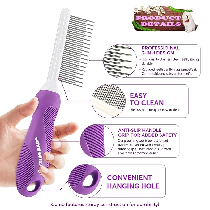 Grooming Comb for Dogs and Cats with Matted Hair, Detangling Pet Comb with Long and Short Stainless Steel Metal Fine Teeth for Removing Mats, Tangles, Knots & Loose Fur from The Undercoat