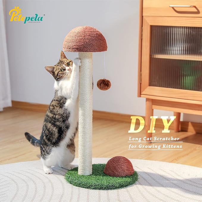 PETEPELA Cat Scratching Post, Mushroom Tall Cat Scratcher Featuring with Natural Sisal Scratching Poles and Interactive Toy Ball for Kittens and Small Cats (Brown)