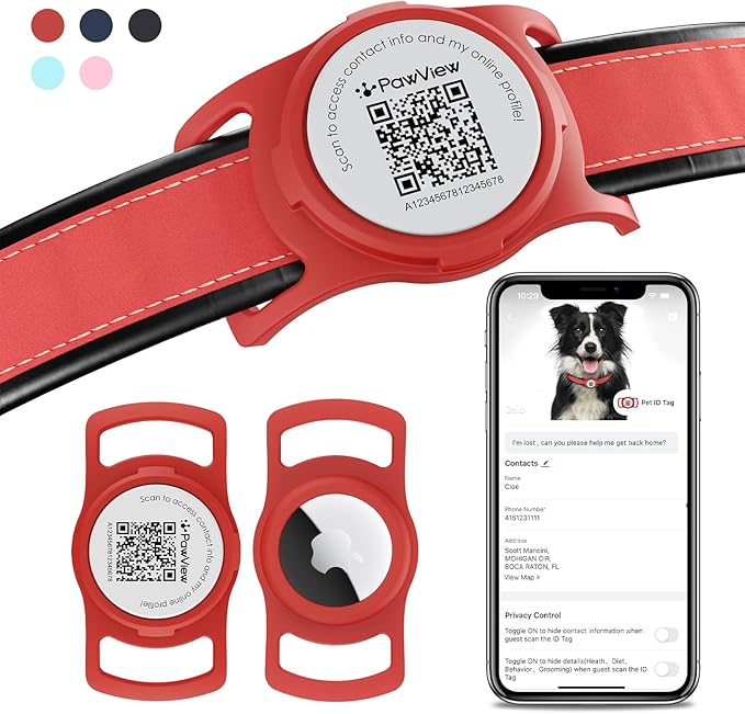 AirTag Dog Collar Holder, Smart QR Code AirTag Holder for Cats and Dogs - Scan Alert | Instant Location | Pet Online Profile | Contacts Info | Pet APP Remote Control (1 Pack, Red)