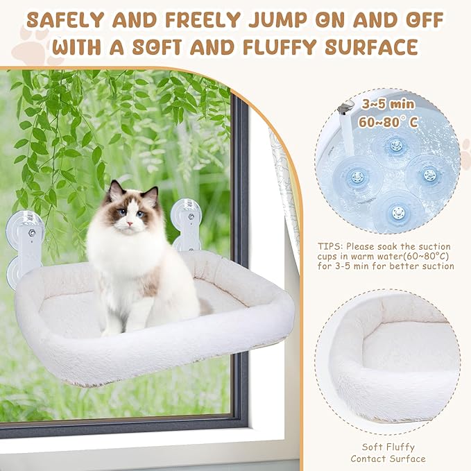 Cat Window Perch Sturdy Cat Window Hammock with 4 Strong Suction Cups and Metal Frame-Cat Bed for Windowsill,Floor,Bedside or Cabinet-Suitable for Large Cats(L-White Bed Cover)