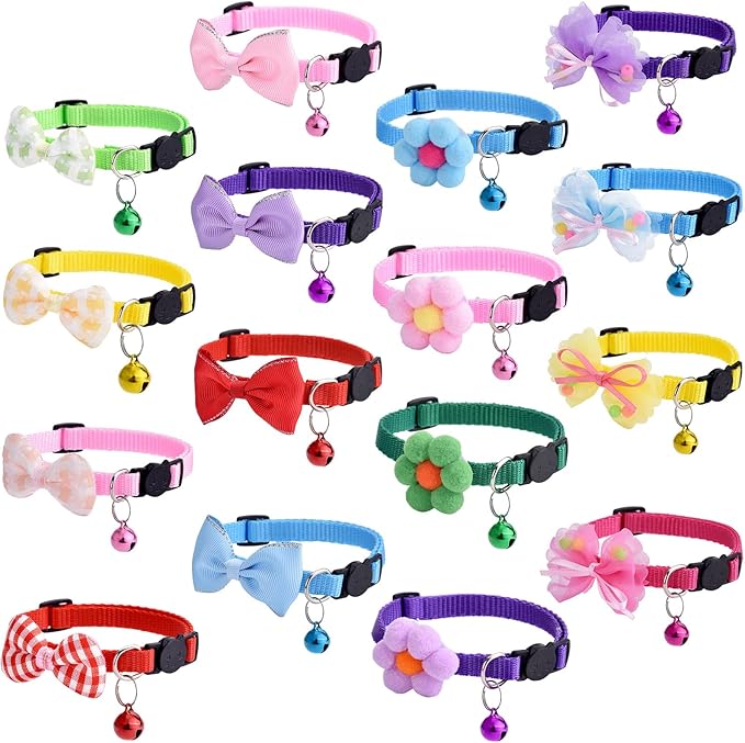 16 PCS Cute Cat Collar with Bells Kitten Collars for Girls Pink Cat Collar Breakaway Cat Collars for Girl Cats Small Kitten Collar with Bell Boy Pet Collar for Cats Kitten Supplies Flower Cat Collar