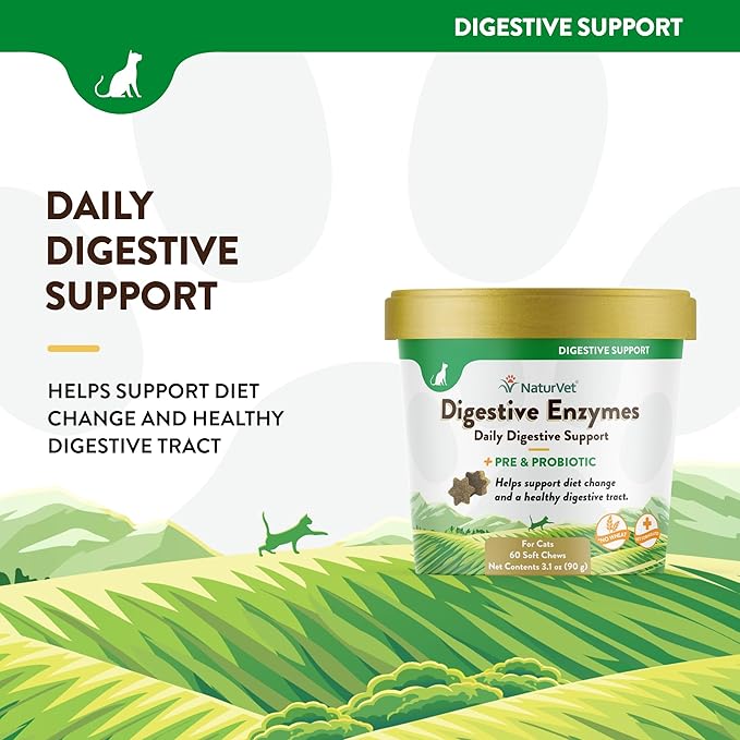 NaturVet – Digestive Enzymes for Cats Plus Probiotics – 60 Soft Chews – Helps Support Diet Change & A Healthy Digestive Tract – Aids in The Absorption of Vitamins & Minerals – 30 Day Supply