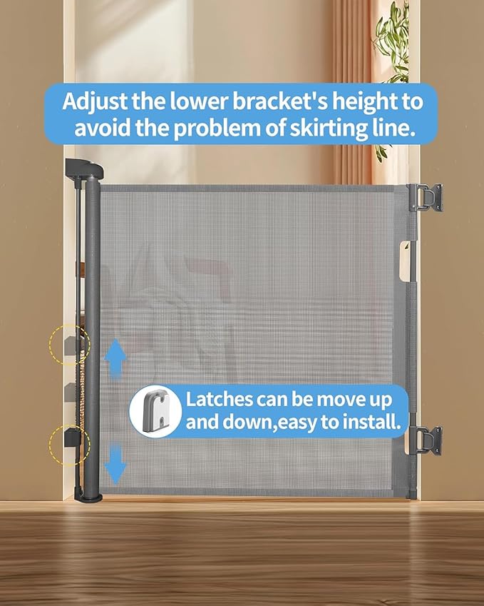 Retractable Baby Gate,Mesh Baby Gate or Mesh Dog Gate,33" Tall,Extends up to 55" Wide,Child Safety Gate for Doorways, Stairs, Hallways, Indoor/Outdoor（Grey,33"x55")