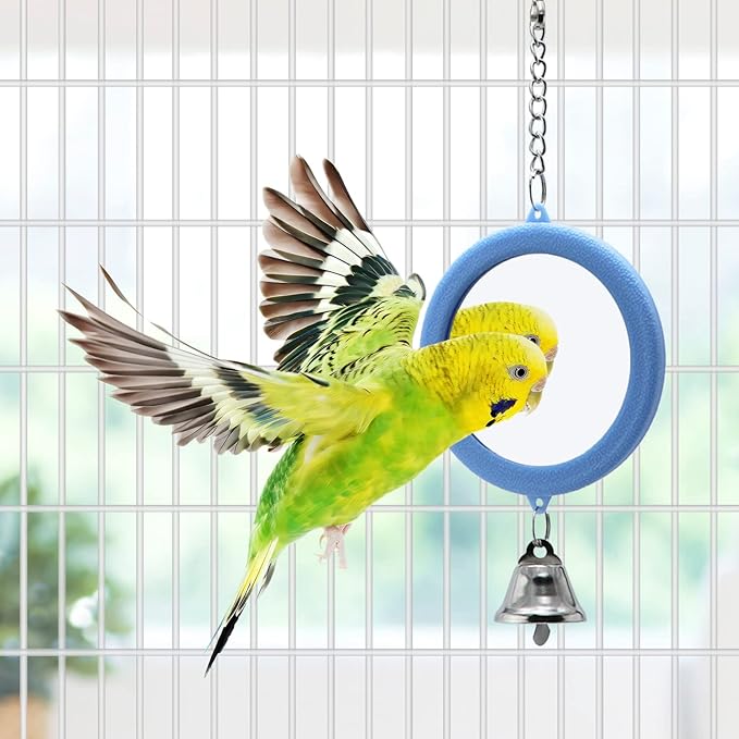 2PCS Bird Mirror with Bell Parrot Hanging Interactive Playing Toy for Cockatiel Parakeets Canaries Budgie Cage Accessories (Blue)