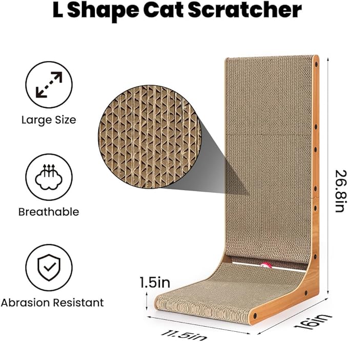 Petslucent Cat Scratcher, 26.8 Inch L Shape Cat Scratching Board with Box, Cat Scratching Cardboard with Ball Toy for Indoor Cats, Large Size