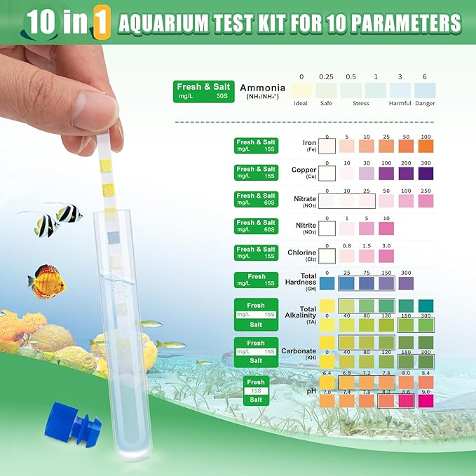 10 in 1 Aquarium Ammonia Test Kit - Ammonia Fish Tank Test Strips - 150 Aquarium Test Strips with Test Tube & Thermometer - Fast Testing Ammonia and 9 More for Aquarium/Pond/Pool