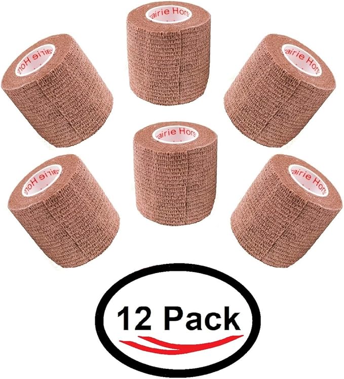 2 Inch Vet Wrap Tape Bulk (Brown) (Pack of 12) Self Adhesive Adherent Adhering Flex Bandage Grip Roll for Dog Cat Pet Horse