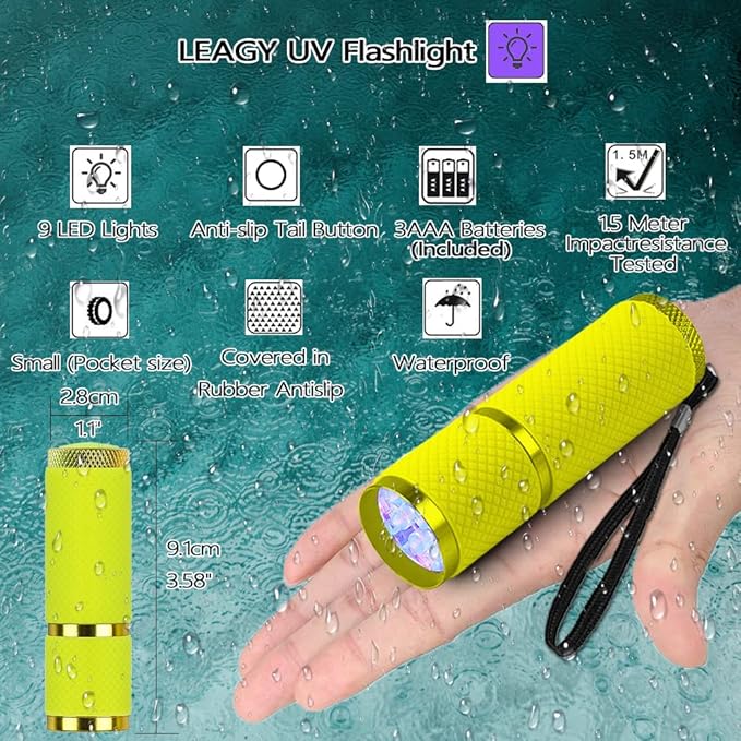 2 Pack 9 LED UV Flashlight - Black Light Torch with 6 AAA Batteries Included - Portable Ultraviolet Light for Leak Detection, Pet Urine Stains, Fluorescent Material Inspection & More(Yellow)