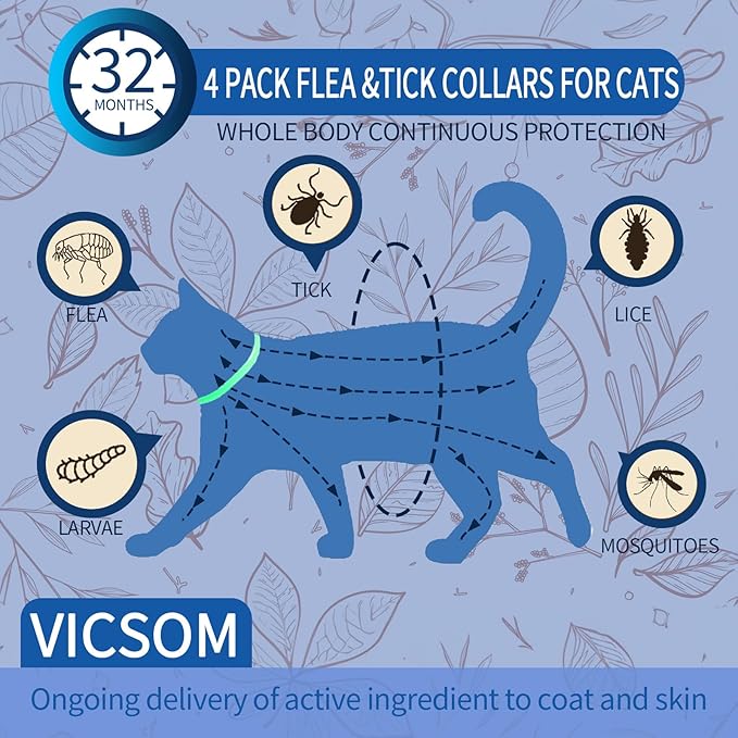 4 Pack Flea Collar for Cats, Cat Flea and Tick Collar 8 Months Prevention Cat Flea and Tick Treatment, Waterproof Adjustable Cat Flea Collar, Natural Anti Tick and Flea Collar for Kitten, Green