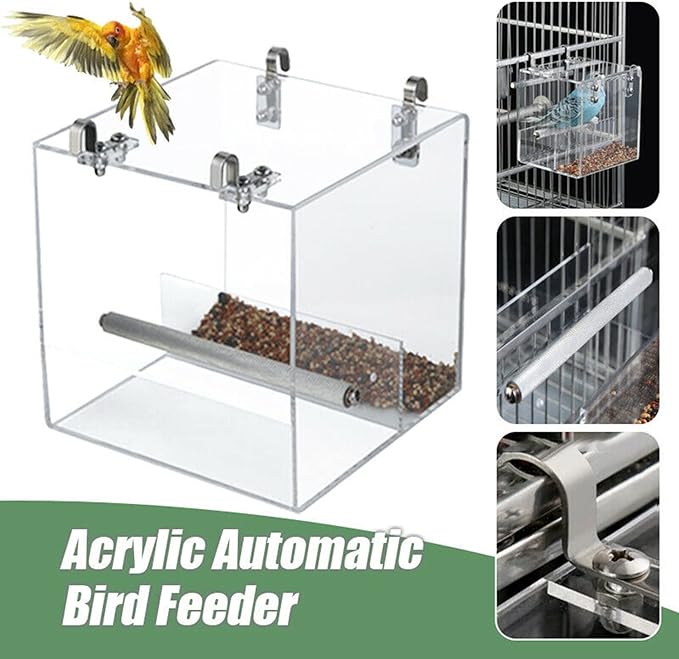 Automatic Bird Feeder No Mess Bird Cage Pet Feeder Seed Food Container for Parakeet Canary Cockatiel Parrot Finch Canary Acrylic (5.1 x 5.1 x 4.3 inch)