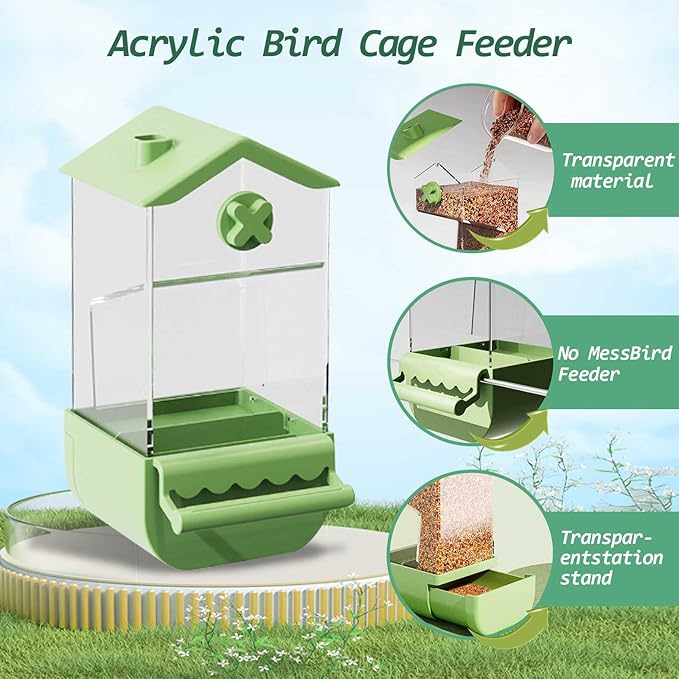 Automatic Bird Cage Feeder No Mess Parakeets Seed Food Container Acrylic Parrot Feeder Cage Accessories Transparent Small and Medium Lovebirds Canary Cockatiel Finch (Green)