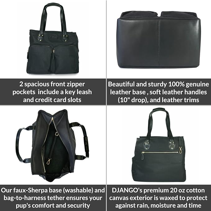 DJANGO Dog Carrier Bag - Waxed Canvas and Leather Soft-Sided Pet Travel Tote with Bag-to-Harness Safety Tether & Secure Zipper Pockets (Large, Black)