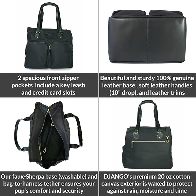 DJANGO Dog Carrier Bag - Waxed Canvas and Leather Soft-Sided Pet Travel Tote with Bag-to-Harness Safety Tether & Secure Zipper Pockets (Medium, Black)