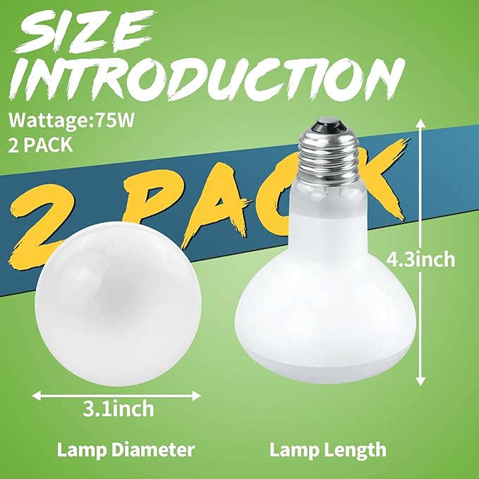 LUCKY HERP 2 Pack Reptile Heat Lamp Bulbs 75W (2nd Gen), Basking Light Bulb for Reptiles & Amphibians, Simulated Natural Sunlight Terrarium Heat Lamps for Bearded Dragon, Lizard, Turtle, Tortoise