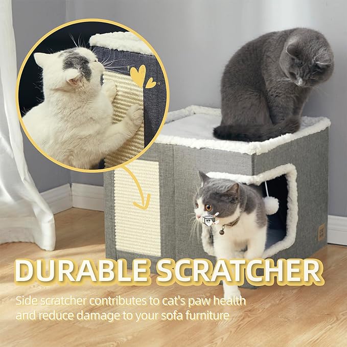 CATBOAT Cat Bed for Indoor Cats Cube House, Covered Cat Cave Beds & Furniture with Scratch Pad and Hideaway Tent, Cute Modern Cat Condo for Multi Small Pet Large Kitten Kitty, Light Grey