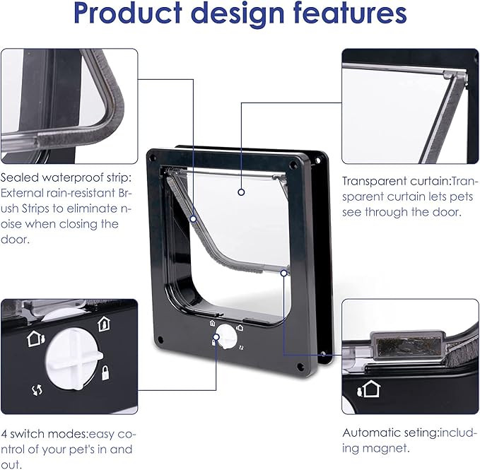 Upgraded Version - Cat Doors Flap (for Cat up to 29.5lb), Magnetic Pet Door with 4 Way Locking for Interior Exterior Doors, Weatherproof Gate, Easy Installation