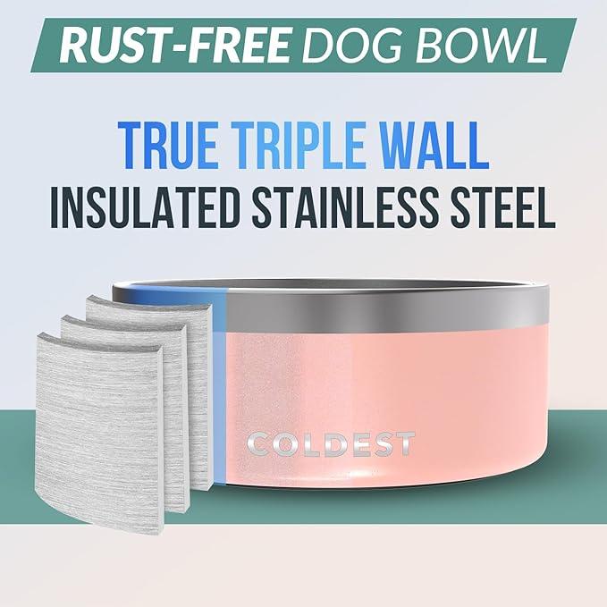 Coldest Dog Bowl, Anti Rust Metal & Non Slip Dog Bowls Large, Spill Proof Heavy Duty 3 Layers Insulated Dog Bowl, Food & Water Bowl for Dogs, Cats, Dishwasher Safe (100 oz, Forever Pink Glitter)