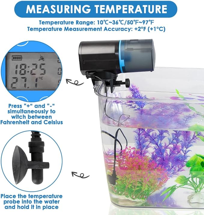 Lukovee Automatic Fish Feeder, Feeding Time Display USB Rechargeable Timer Moisture-Proof Aquarium or Fish Tank Food Dispenser with 200ML Large Capacity with Temperature Measure Function, Blue