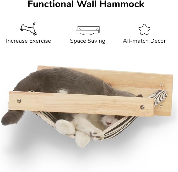 FUKUMARU Hammock Mounted Cat Beds and Perches, Wooden Wall Furniture, Stable Shelves for Sleeping, Playing, Climbing, and Lounging, Black Stripe