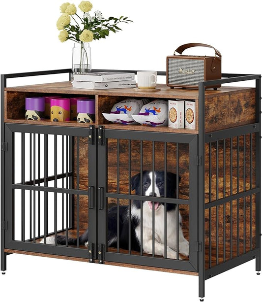 VEVOR Furniture Style Dog Crate with Storage, 41 inch Dog Crate Furniture Large Breed with Double Doors, Wooden Dog Cage for Large/Medium Dog Indoor, Hold up to 70 lbs, Rustic Brown