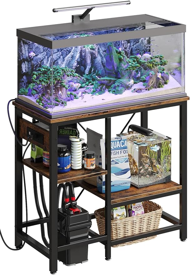 Bestier 20-29-37 Gallon Fish Tank Stand with Power Outlets, 6-Leg Metal Aquarium Stand, Reptile Tank Stand with 3-Tier Adjustable Storage Shelve, 400LBS Capacity 30.7" L x 13.8" W