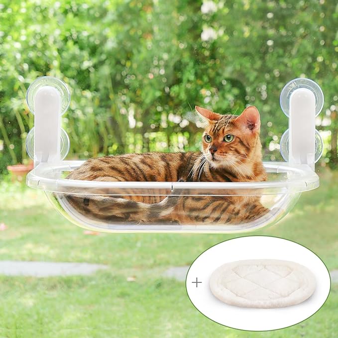 Transparent Cat Window Perch, Durable Window Mounted Space Capsule Hammock Seat for Large Cats, Easy to Clean ABS Material Cat Bed Body with Plush Mat (Space Capsule Cat Bed)