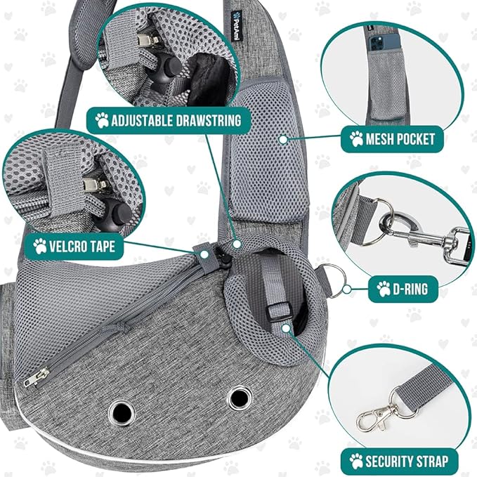 PetAmi Dog Sling Carrier for Small Dogs, Puppy Carrier Sling Purse, Dog Bags For Traveling, Carrying Bag to Wear Medium Cat, Adjustable Crossbody Pet Sling Travel, Poop Bag Dispenser, Max 10 lbs, Gray