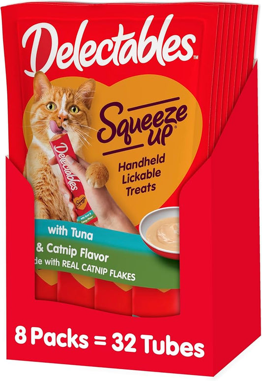 Hartz Delectables Squeeze Up Interactive Lickable Wet Cat Treats for Adult & Senior Cats, Tuna with Catnip, 32 Count