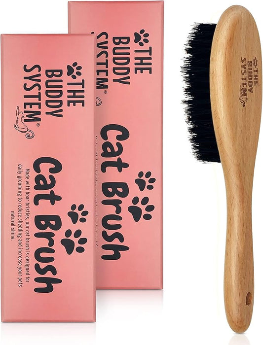 The Buddy System Cat Brush with Boar Bristle and Wooden Handle, Professional Grade Daily Grooming Hairbrush, Reduce Shedding, Soft Hair and Healthy Shine (2 Pack)