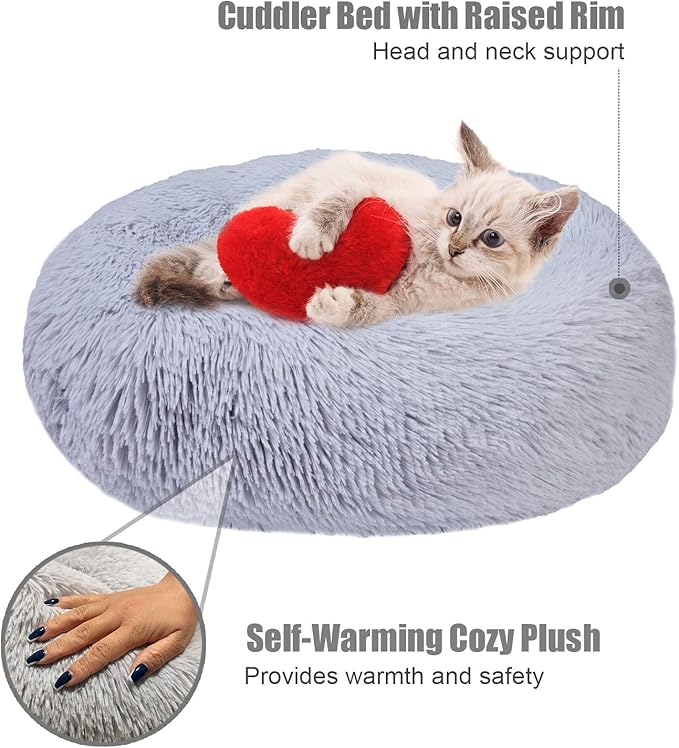 Aurako Cat Bed Dog Bed Round Cushion Pet Bed Mat Ultra Soft Plush Donut Sofa Comfortable Pillow Machine Washable Pet Cuddle Beds for Kitten Small Medium Large Dogs Cats 16" Light Gray