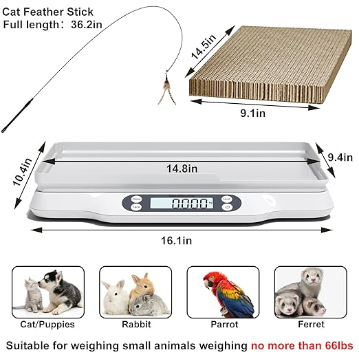 Digital Small Animal Scale, Pet Weight Scale with Cat Scratch Board, Capacity up to 66 lb, Measure Accurately, Tray Length 16in, Multifunction LCD Food Scale for Pet Baby, Kitten, Puppy(White)