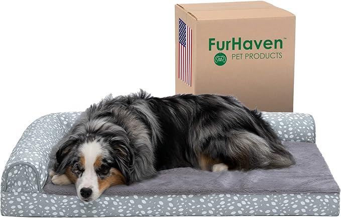 Furhaven Cooling Gel Dog Bed for Large/Medium Dogs w/ Removable Bolsters & Washable Cover, For Dogs Up to 55 lbs - Plush & Almond Print L Shaped Chaise - Gray Almonds, Large